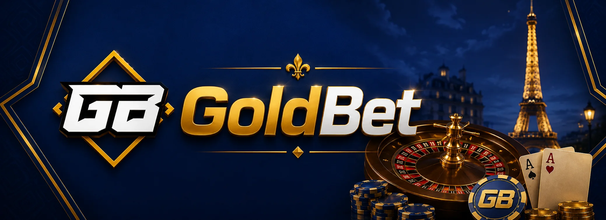 Bannière GoldBet Casino aux couleurs bleu marine et or avec l'offre de 100 tours gratuits sans dépôt