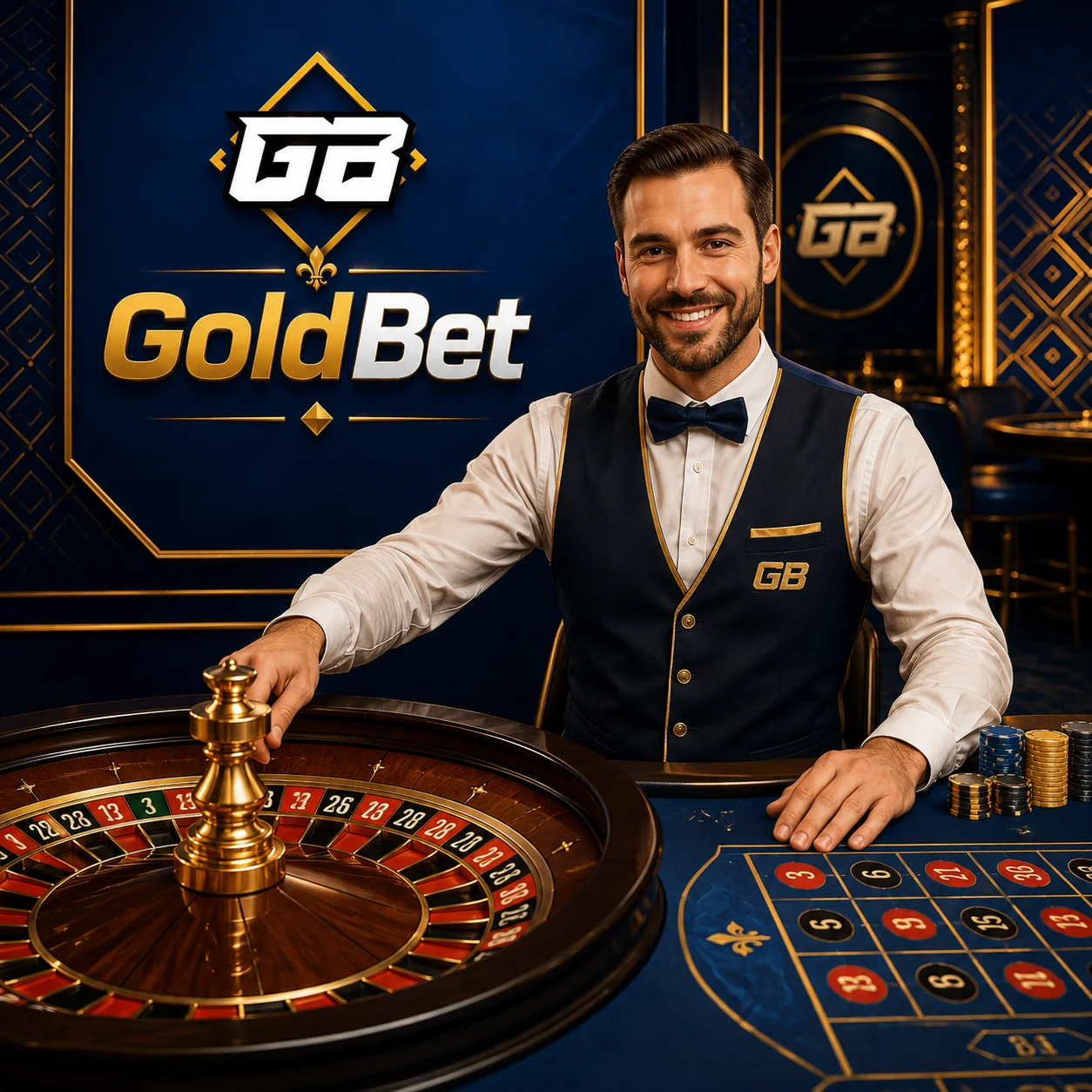 Table de roulette en direct GoldBet, croupier en tenue bleu marine et or